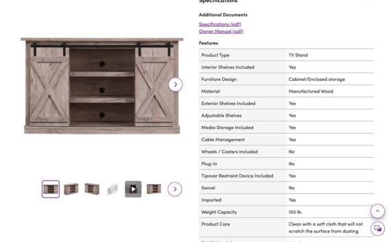 Example of a Wayfair product page with a table