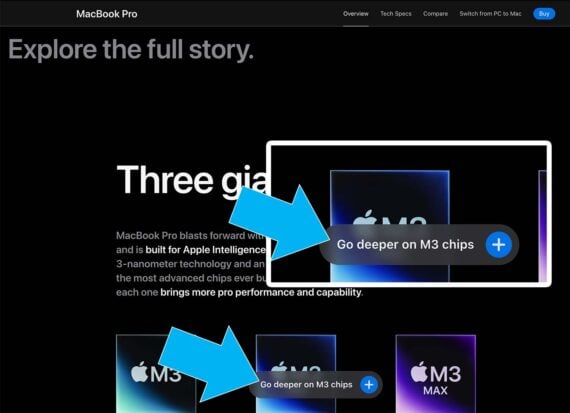 Screenshot of the M3 chip guide on Apple's MacBook Pro product page.