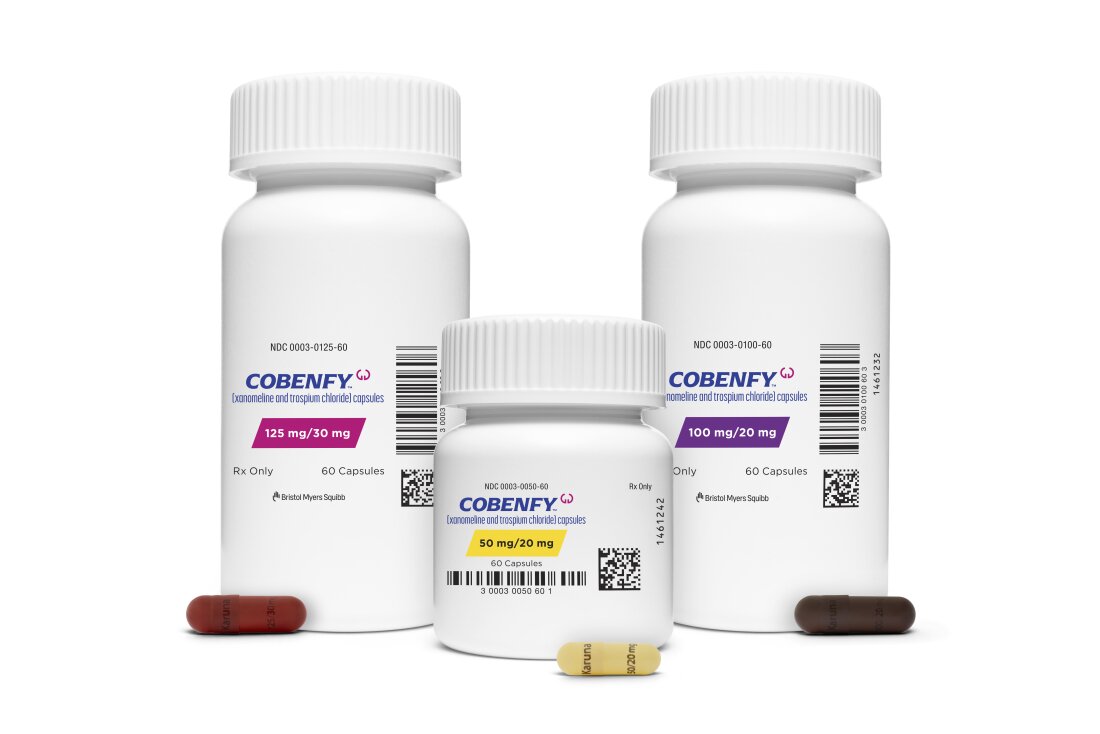 Three bottles of Cobenfy, an oral medication for the treatment of schizophrenia in adults, approved by the Food and Drug Administration on September 26, 2024.