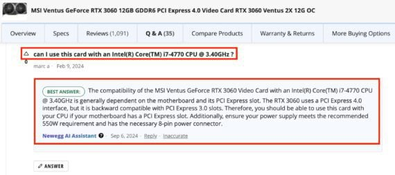 Screenshot of UGC questions on a Newegg product page