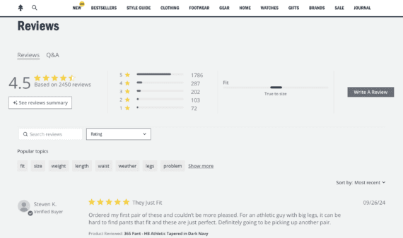 Ratings and comments on a Huckberry product page